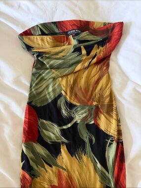Fashion Nova Strapless Floral Midi Dress - Red, Green, Gold